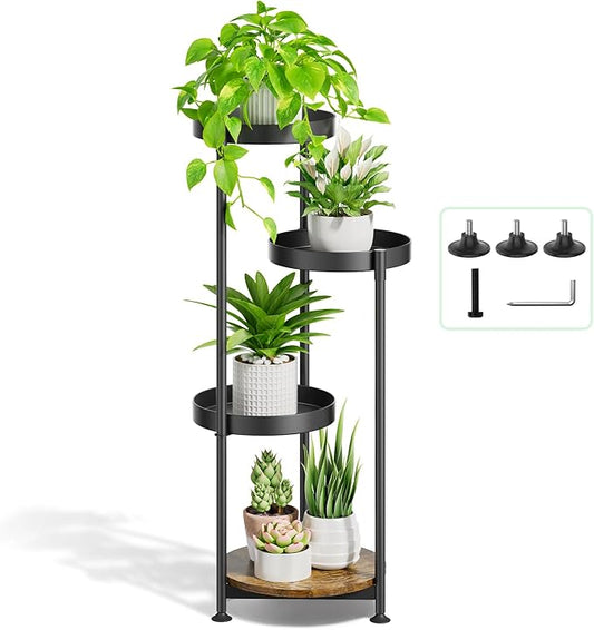 Plant Stand Indoor Outdoor Clearance, 4 Tier Metal Tall Flower Shelf Holder, Multiple Plant Round Corner Rack Organizer Display for Patio Orchid Office Porch Living Room Garden Balcony, Black