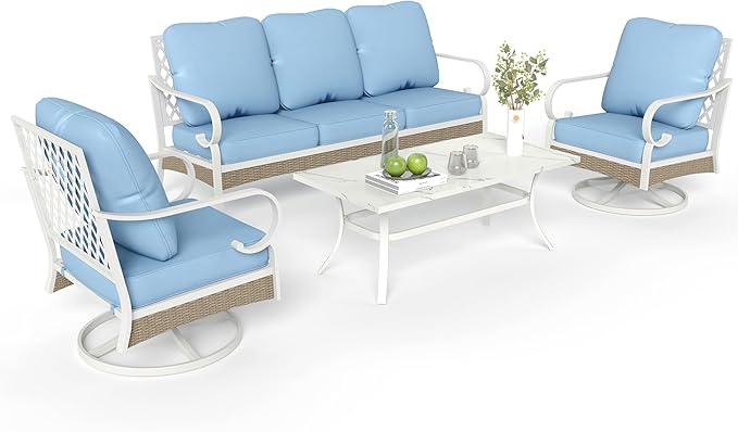 4 Piece Patio Furniture Set, 2 x Swivel Chair, 1 x 3-Seat Sofa with Marbling Coffee Table, All Cushioned 5 Seats Outdoor Conversation Set for Lawn Garden Backyard, Blue