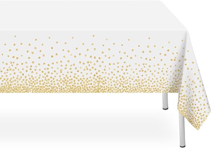 12 Pack White and Gold Dot Tablecloth, White Plastic Table Cloths for Parties Disposable, 54x108in Waterproof Rectangular Camping Tablecloth for Birthday Party Picnic Baby Shower