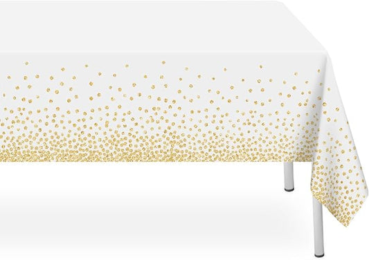 2 Pack White and Gold Dot Tablecloth, White Plastic Table Cloths for Parties Disposable, 54x108in Waterproof Rectangular Camping Tablecloth for Birthday Party Picnic Baby Shower