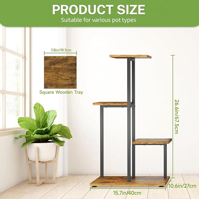 iDavosic.ly 4 Tier Plant Stand Indoor, Tiered Corner Plant Shelf for Multiple Plants, Metal Wood Tall Plant Display Rack Flower Holder for Patio Porch Garden Balcony Bedroom, Black
