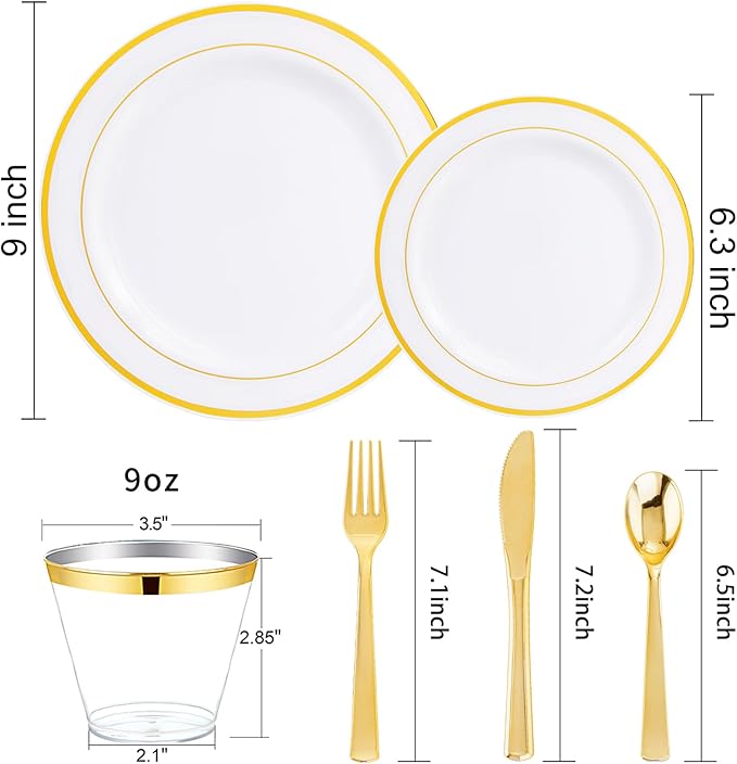 WELLIFE 300Pcs Gold Dinnerware Set for 50 Guests, Gold Rim Plastic Plates Disposable, 50 Dinner and 50 Salad Plates, 50 Cups, 50 Silverware Set for Party