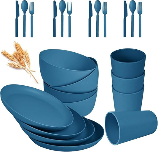 24pcs Wheat Straw Dinnerware Sets, Wheat Straw Plates and Bowls Sets for 4 Microwave Dishwasher Safe Lightweight （Blue）