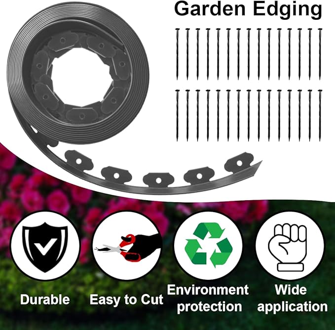 Landscape Edging,33ft x 4inch Tall Plastic Garden Edging Border with 30 Spikes,Lawn Edging for Landscaping Flower Bed,Yard,Patio-Grey