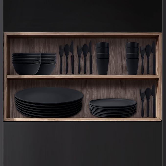 Wrova Wheat Straw Plate and Bowl sets with cups and cutlery set of 64- Unbreakable Dinnerware sets service for 8 - Microwave and Dishwasher safe dish sets for kitchen,camping.Black