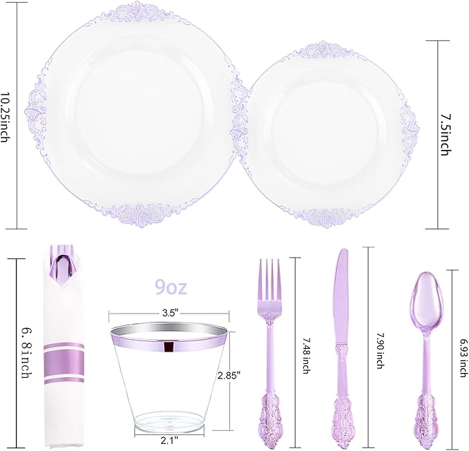 Hioasis 175pcs Clear Purple Plastic Plates - Elegant Disposable Dinnerware Set Suitable for 25 Guests Include 10.25" Dinner & 7.5" Dessert Plates, Pre Rolled Silverware Set, Cups for Party & Wedding