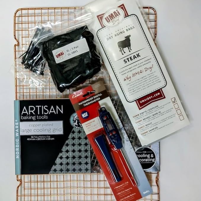UMAi Dry Grill Master Gift Set – Dry Aging Kit with Copper Rack, Digital Meat Thermometer, 3 Ribeye & Striploin Dry Age Bags, Meat Crafting Gloves, and Zip Ties for Steak Lovers and Home Grilling