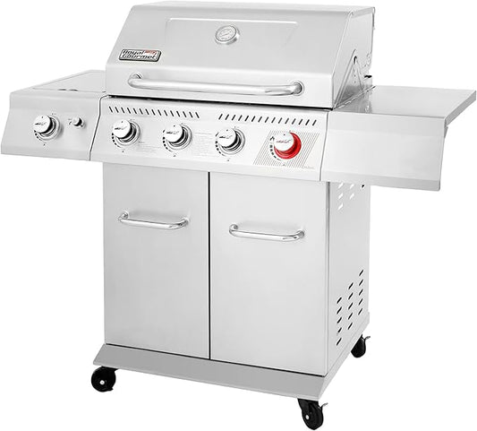 Royal Gourmet GA4402S 4 Burner Propane Gas Grill with Side Burner & Warming Rack, Stainless Steel Gas Grill with 54,000 BTUs Output for Barbecue Grilling & Backyard Cooking, Silver