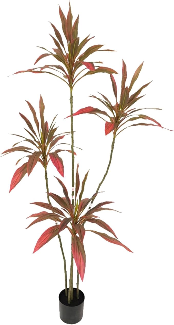 Artificial Cordyline Plant, Indoor Potted Plant, 4 Stems with Black Planter, Suitable for Large Indoor Living Room Decorations, Potted Plants, and Window Display Scenes (Red-5.3ft)
