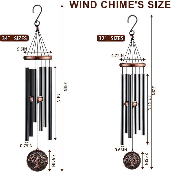 Memorial Wind Chimes for Outside, Sympathy Gifts for Loss of Loved One, Memorial Gift for Loss of Mom Dad Grandparent, Vintage Tree of Life Deep Tone Windchimes Outdoor (34" Tree of Life)