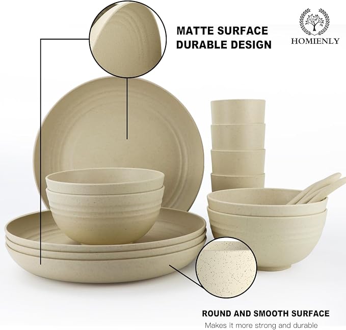 Homienly Wheat Straw Dinnerware Sets, 20pcs Lightweight Unbreakable Dinnerware, Microwave Dishwasher Safe Bowls Cups Forks Spoons set,Perfect for Camping Outdoor, Beige