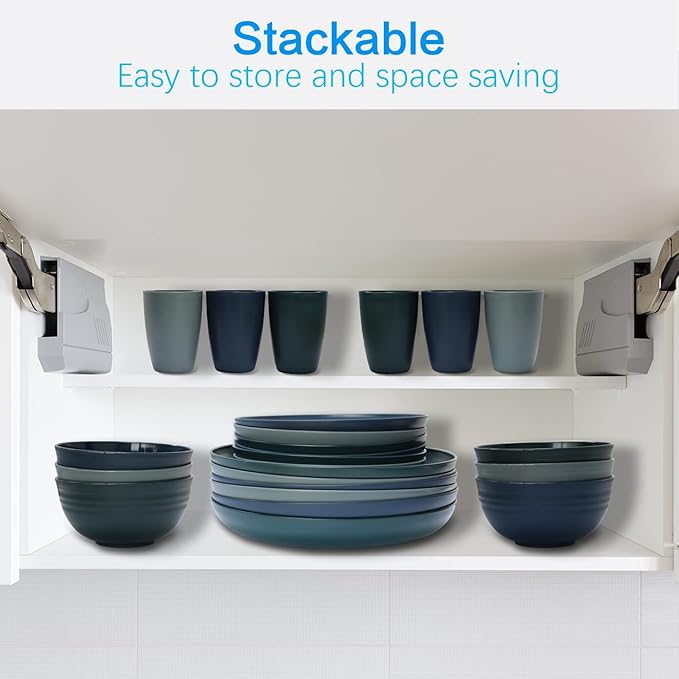 Plastic Dinnerware Sets for 6, Osonm 24PCS Lightweight Unbreakable Plates Bowls Cups Sets, Dishwasher Microwave Safe Dishes Set for Camping, RV, Picnic, Kitchen, Great for Kids & Adults