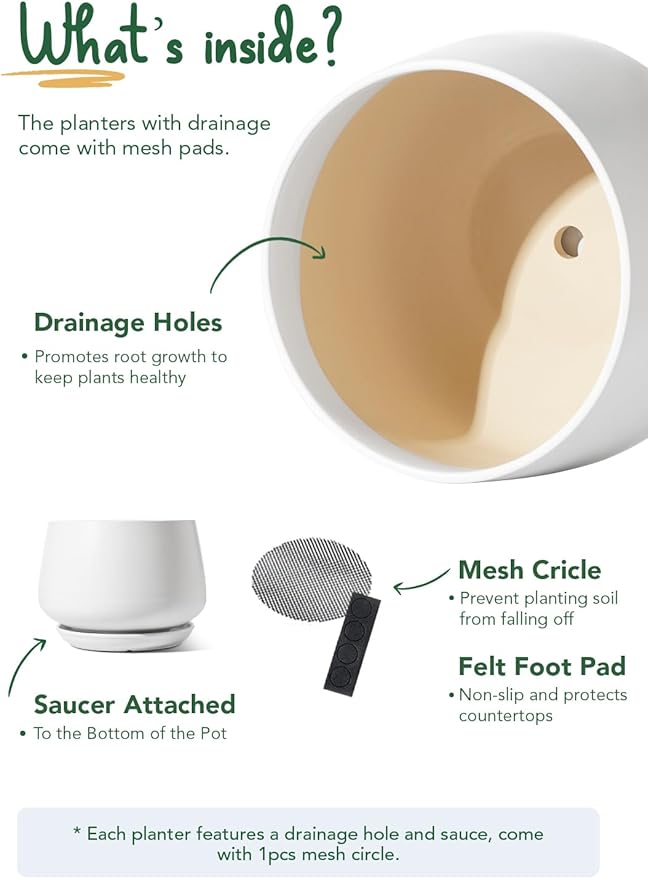 LE TAUCI Ceramic Planter, 10 Inch Plant Pot with Drainage Hole & Saucer – Durable Indoor Planter for Modern Home Decor, White