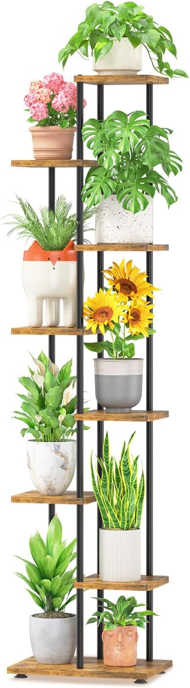 LASZOLA Black 7 Tiered Wood Plant Stand Indoor for Larger Heavy Duty Planter, Sturdy Multi Level Vertical Flowers Racks for Narrow Inside Floor, Decorate Shelving for Hold House Tree, Space Saving