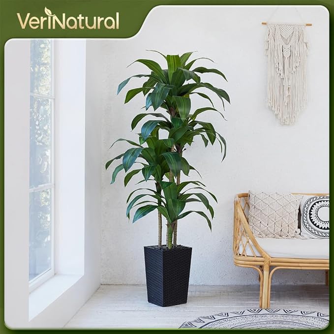6FT Artificial Dracaena Tree - UV Resistant Faux Tropical Plant, Potted Fake Tree with Taper Planter & Pebbles - Indoor Outdoor Greenery for Home, Porch, Living Room, Bedroom Decor, VN127