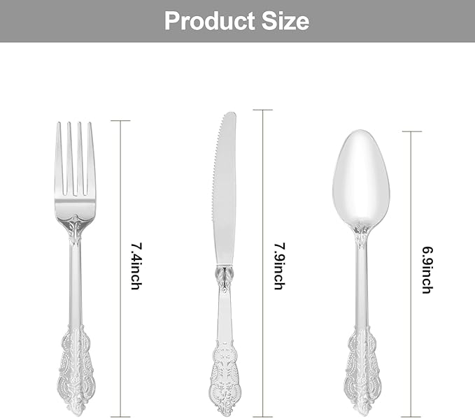 150PCS Silver Plastic Silverware for 50 Guests, Heavy Duty Silver Disposable Utensils Sets, Includes 50 Forks, 50 Spoons, 50 Knives, Elegant Cutlery Perfect for Wedding, Party