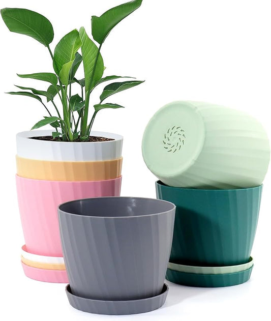 6 Inch Plant Pots Bulk, 6 Pack Plastic Planters with Drainage Holes and Saucers for Indoor Outdoor House Plants and Flowers, Colorful