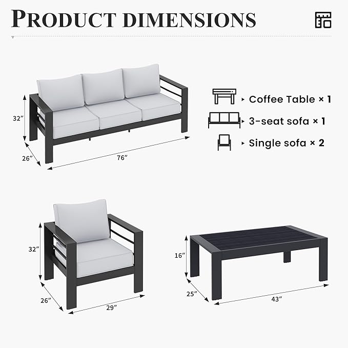 Aluminum Patio Furniture Set, 6 Piece Metal Outdoor Furniture Set, Patio Set with Waterproof Covers for Backyard Garden