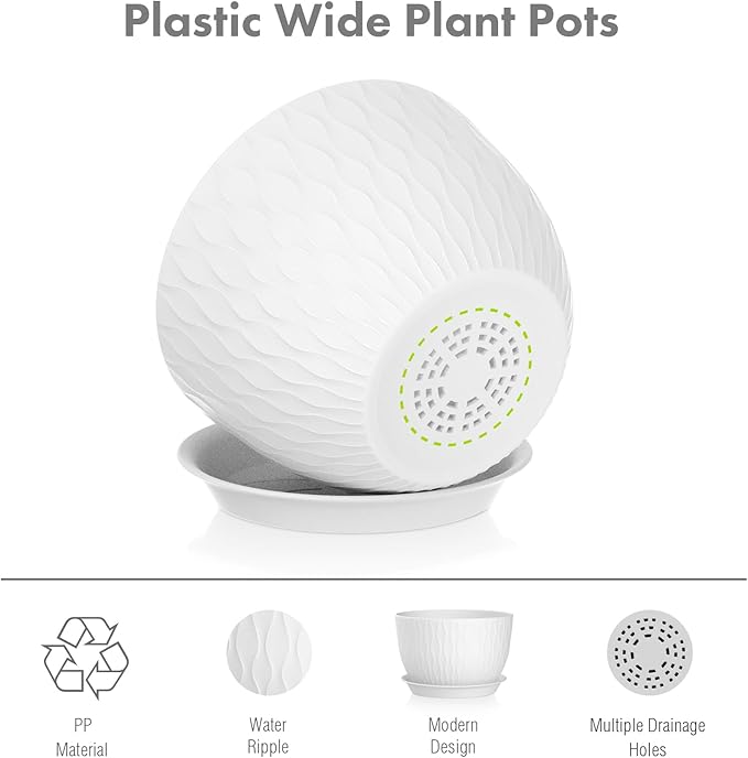 12/10/9 inch Large Plant Pots, 3 Pack Wide Flower Pots for Outdoor Indoor Plants with Water Ripples, Big Plastic Planters with Drainage Holes and Saucers for Garden House Plants, White