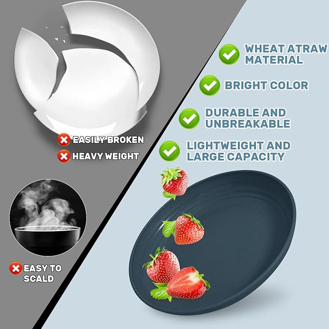 Wheat Straw Dinnerware Sets - SGAOFIEE 36 Piece Unbreakable Dinnerware Sets, Reusable Wheat Straw Plates and Bowls Sets, Travel Camping Cutlery Set, Dishwasher Microwave Safe Dinnerware-Blue