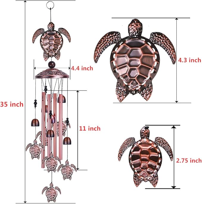 Sea Turtle Wind Chimes Outdoor Indoor Decor - With 4 Tubes 6 Bells 7 Turtles 37In Waterproof Suspension Mobile Tortoise Wind Chimes for Home, Xmas Mom Gifts, Balcony, Festival, Tree, Garden Decoration