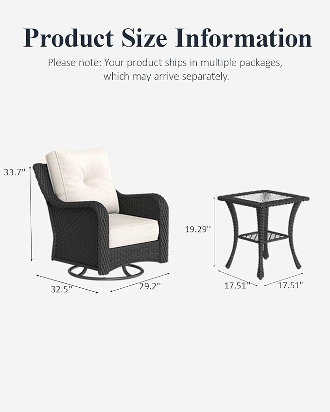 LayinSun 3 Piece Wicker Outdoor Furniture Set with 6-inch Comfy Cushions, High Back Patio Furniture Set with Swivel Rocking Chairs and Side Table