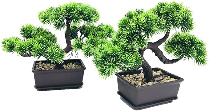 Artificial Plants Fake Bonsai Pine Trees Plants Greenery Japanese Pine Bonsai Tree Desktop Display Simulation,Office,Living Room,Zen Garden Decoration Indoor Home Décor(2 Pack Potted)