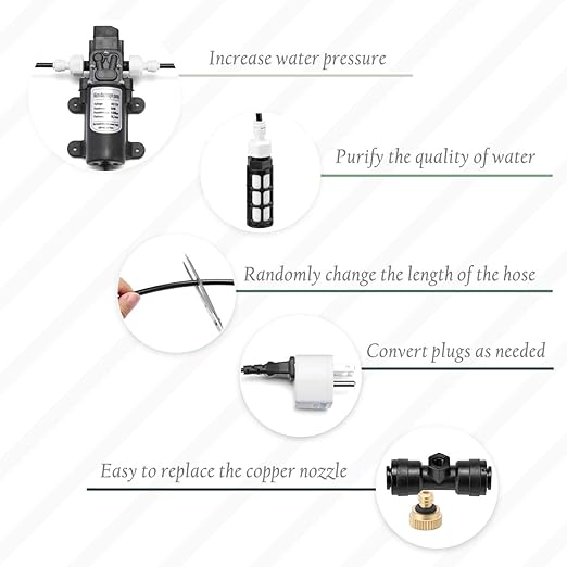CozyCabin Outdoor Misting Cooling System with Pump - 40ft (12m) Misting Line with Filter + 6 Brass Mist Nozzles (3/4") for Patio Garden Greenhouse Watering Distribution System (12m (40ft))
