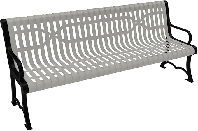 COATEDOUTDOORFURNITURE Heavy-Duty Outdoor Bench Thermoplastic Coated, Slated Steel, Commercial-Grade Garden Bench, Made in America (Portable with Back, 6 Ft, Textured Grey)