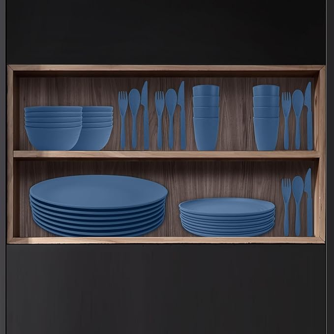 Wrova 64-Piece Service for 8 Dinnerware Set - Unbreakable Wheat Straw Dinnerware sets of 64 - Dinner plates/Snack plates/Cereal bowls/Drinking Cups/Cutlery for Outdoor camping and indoors.Blue