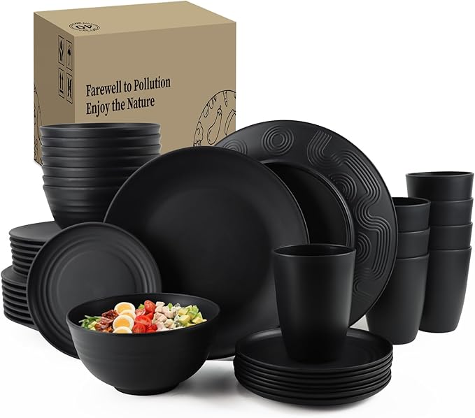 Homienly Wheat Straw Dinnerware Set,40-Piece Dish Set for 8, Dinner Plates, Dessert Plate, Cereal Bowls, Cups, Appetizer Plates,Reusable Dinner Plates Kids Plates and Bowls Sets,Black