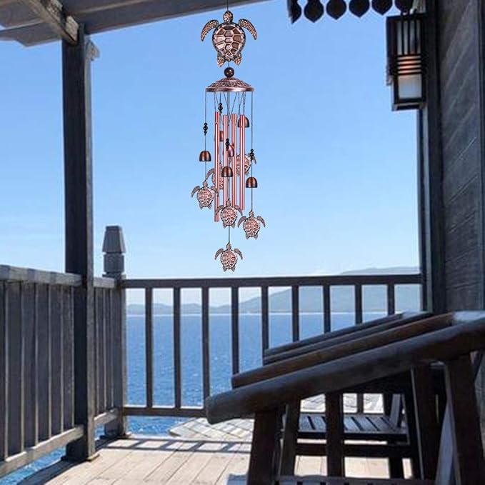 Sea Turtle Wind Chimes Outdoor Indoor Decor - With 4 Tubes 6 Bells 7 Turtles 37In Waterproof Suspension Mobile Tortoise Wind Chimes for Home, Xmas Mom Gifts, Balcony, Festival, Tree, Garden Decoration
