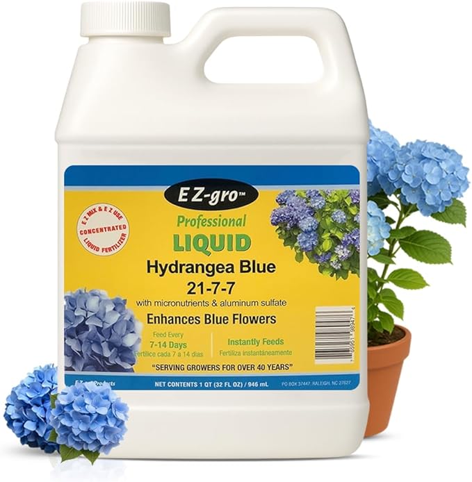 EZ-GRO Hydrangea Fertilizer, Liquid Plant Food 21-7-7 with Aluminum Sulfate for Hydrangeas - Perfect for Blue Flowers | Rhododendrons & Azalea Fertilizer, Ideal Hydroponic Nutrients - 1 qt (32 oz).