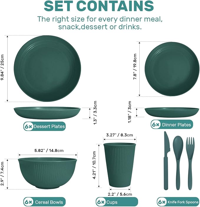 Wheat Straw Dinnerware Sets for 6 (42pcs), SGAOFIEE Plastic Plates and Bowls Sets, Dinner Plates, Pasta Bowls, Cereal Bowls, Microwave Dishwasher Safe Plates and Bowls Sets, Camping Dishes, Green