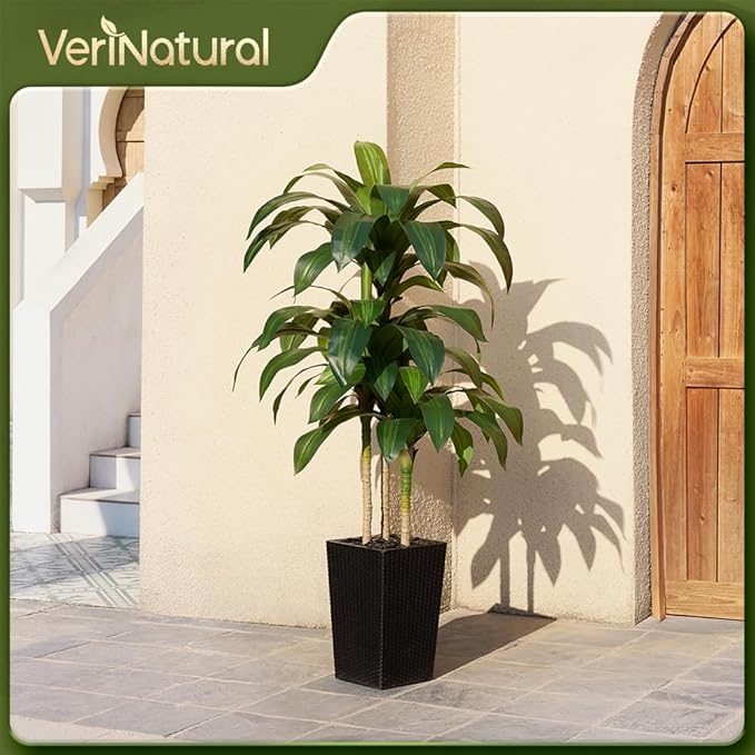 5FT Artificial Dracaena Tree - UV Resistant Faux Tropical Plant, Potted Fake Tree with Taper Planter & Pebbles - Indoor Outdoor Greenery for Home, Porch, Living Room, Bedroom Decor, VN127