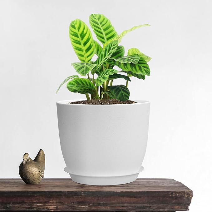 Modern Plant Pots Set, 9/8/7.5 inch Plastic Planters for Indoor Plants, Stylish Flower Pots with Drainage Holes and Saucers for House Plants and Flowers, White