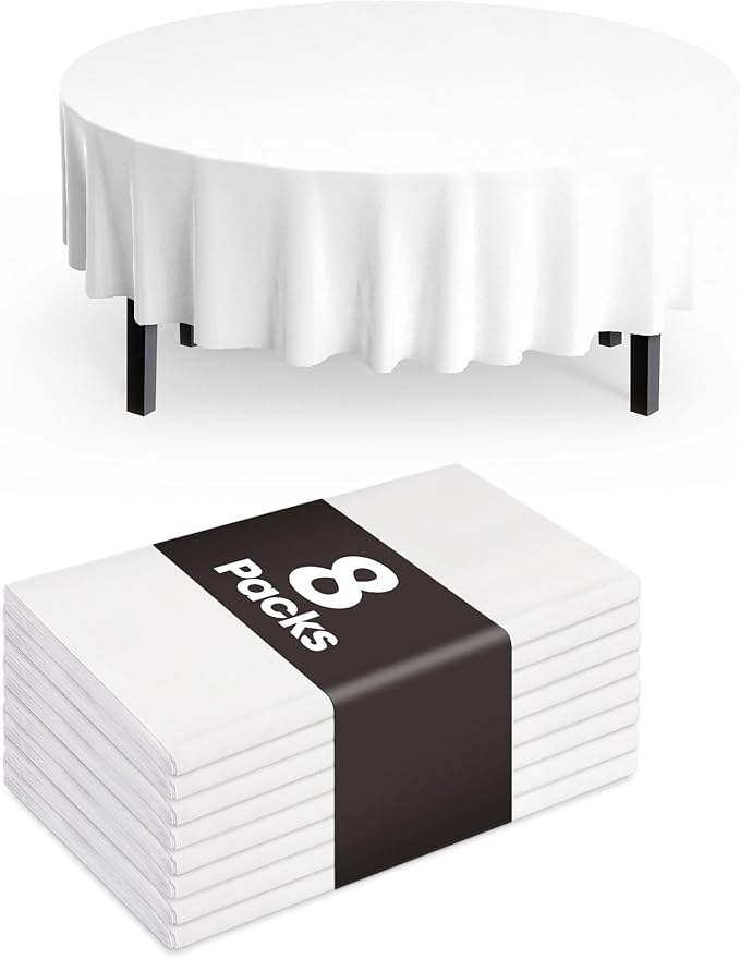 Pureegg Plastic Table Cloth Disposable 8 Pack, 84'' Round Table Cloths, Party, Picnic, Wedding, Decorative Tablecloths, Round, White Plastic Cover, Leakproof & Sturdy, White