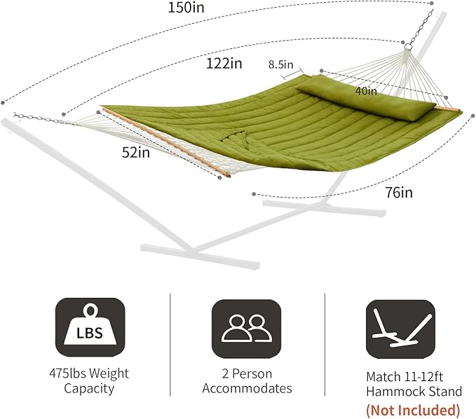 Outdoor Double Hammock with Hardwood Spreader Bars, Large Rope Hammock with Polyester Pad and Pillow, 475 LBS Capacity for 2 Person Patio Backyard Poolside - Green