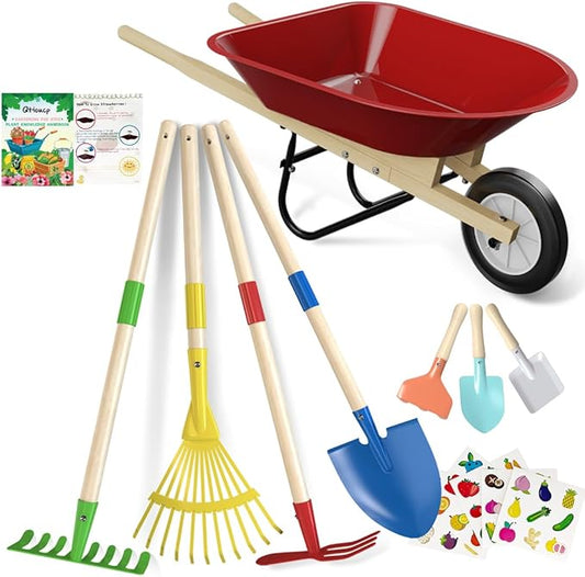 Kids Wheelbarrow Set with Gardening Tools Outdoor Backyard Garden Play for Toddlers Boys Girls 3-8, with Shovel, Rake, Leaf Rake, Easter Birthday Gifts (Red Garden Set)