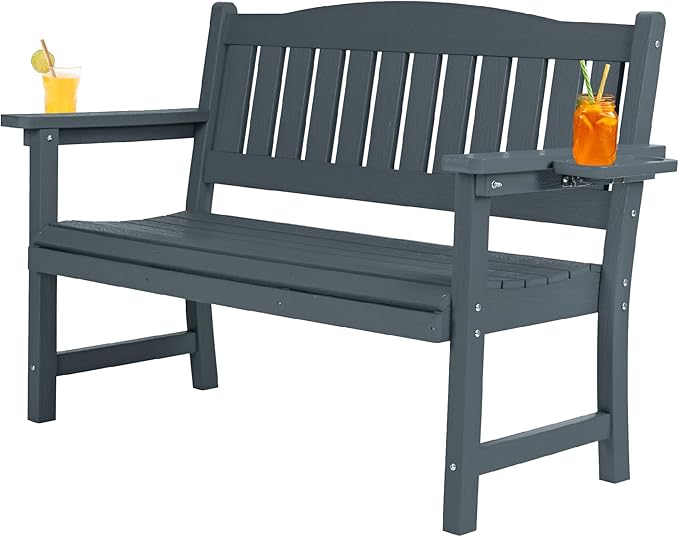 2-Person HIPS Outdoor Bench, Weatherproof Garden Bench with 800 lbs Weight Capacity, Artificial Wood Grains, Never Rot or Fade, Patio Benches for Garden, Porch, Balcony, Backyard,Park, Grey