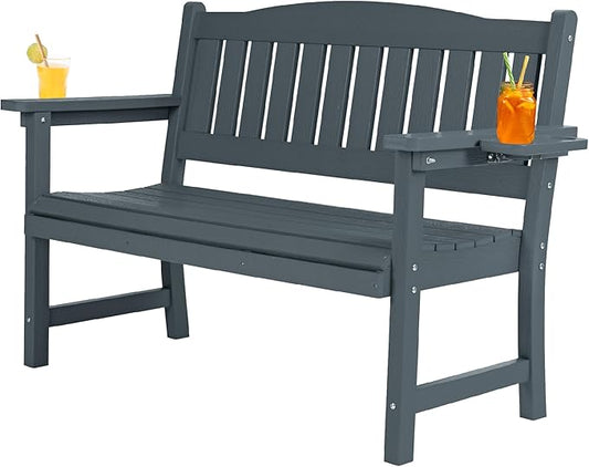 2-Person HIPS Outdoor Bench, Weatherproof Garden Bench with 800 lbs Weight Capacity, Artificial Wood Grains, Never Rot or Fade, Patio Benches for Garden, Porch, Balcony, Backyard,Park, Grey