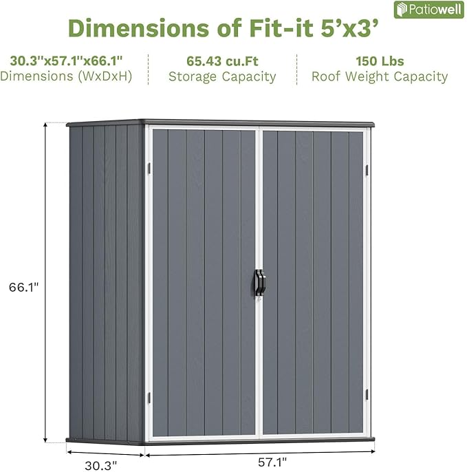 Patiowell Plastic Outdoor Storage Shed, 5 x 3 FT Patio Storage Shed Cabinet with Stable Roof & Lockable Doors Waterproof Resin Shed for Tools, Patio Furnitrue Accessories, Dark Gray