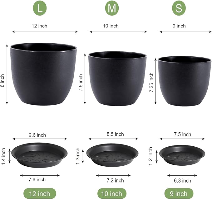 12/10/9 inch Big Flower Pots, 3 Pack Modern Decorative Plastic Planters with Drainage Holes and Tray, Plant Pots for Indoor Outdoor Plants, Black