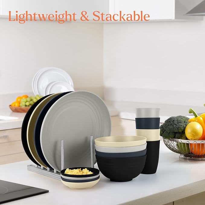 Wrova Wheat straw plates and bowls sets of 16 - Unbreakable wheat straw dinnerware sets for camping - Dishwasher safe and Freezer safe Dishes. Black & Grey