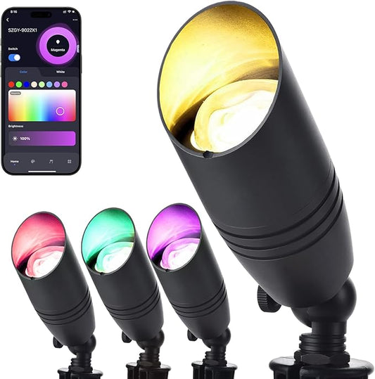 RGB Low Voltage Landscape Lighting Kit, 12 Volt Color Changing Landscape Lights, IP65 Weatherproof Aluminum Outdoor Uplights, Smart Outdoor Spotlights for Tree Lawn