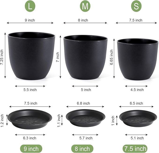 Modern Plant Pots Set, 9/8/7.5 inch Plastic Planters for Indoor Plants, Stylish Flower Pots with Drainage Holes and Saucers for House Plants and Flowers, Black
