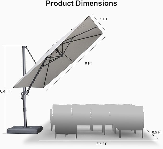 PURPLE LEAF 9 FT Outdoor Umbrella with Base Patio Cantilever Aluminum Umbrella with 3 Years Fade Resistance Recycled Fabric Offset Square with 360-degree Rotation for Deck Pool Garden, Pebble Grey