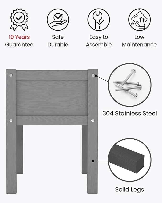 Small HDPE Raised Garden Bed, Elevated Planter Box with Legs, Outdoor All-Weather Planter Raised Beds for Seeds, Herb, Flower, Vegetable (Grey)