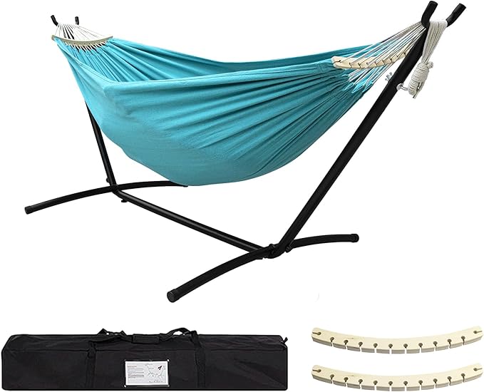 SZHLUX Double Hammock with Stand Included 450lb Capacity Steel Stand, Premium Carry Bag Included.Indoor Outdoor Brazilian-Style Cotton Bed for Backyard, Camping,Garden