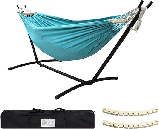 SZHLUX Double Hammock with Stand Included 450lb Capacity Steel Stand, Premium Carry Bag Included.Indoor Outdoor Brazilian-Style Cotton Bed for Backyard, Camping,Garden